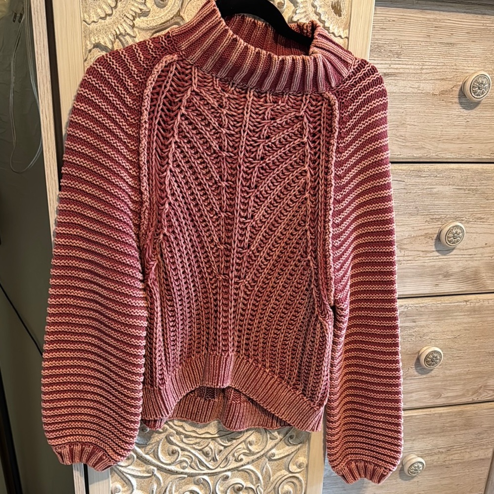 Free People Pink Cowl Neck Sweater with Cable Knit